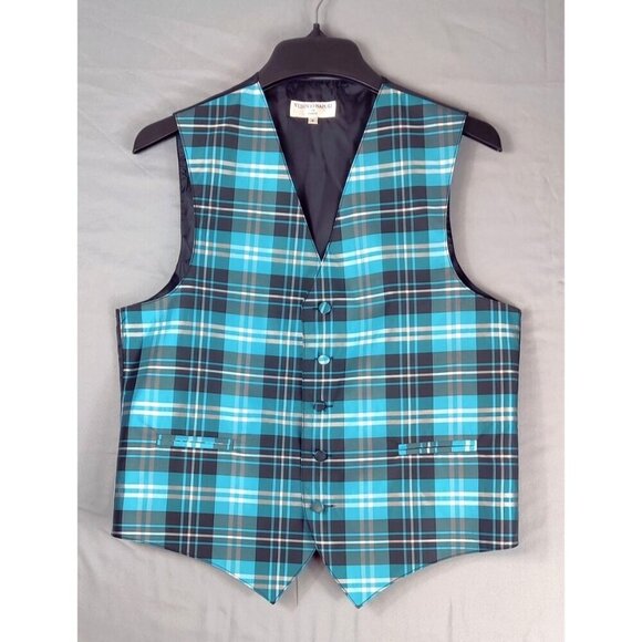 Mens Vest by Vesuvio Napoli Satin Gleam Turquoise Blue White Black Plaid Sz S - Picture 1 of 12